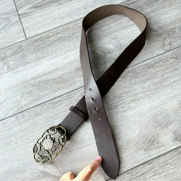 Vintage Jacob Jr Brown Leather  Rhinestones Floral Buckle Belt - Picture 10 of 14